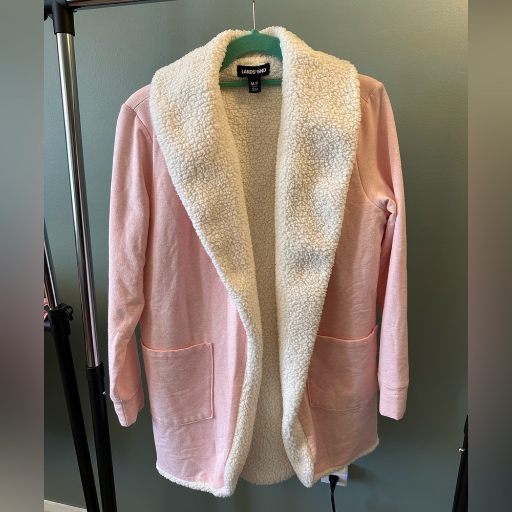 Lands End Sherpa Lined Open Front Cardigan in Pink